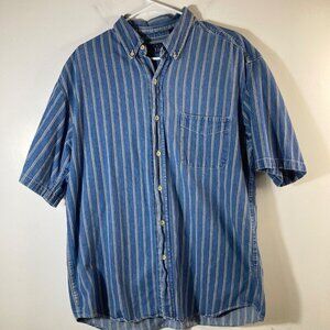 Mens Vintage Basic‎ Editions Striped Denim Button Shirt Short Sleeve Blue Tan L